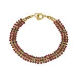 22K Gold 3 Row Braided Ruby & Black Diamond Beads Bracelet