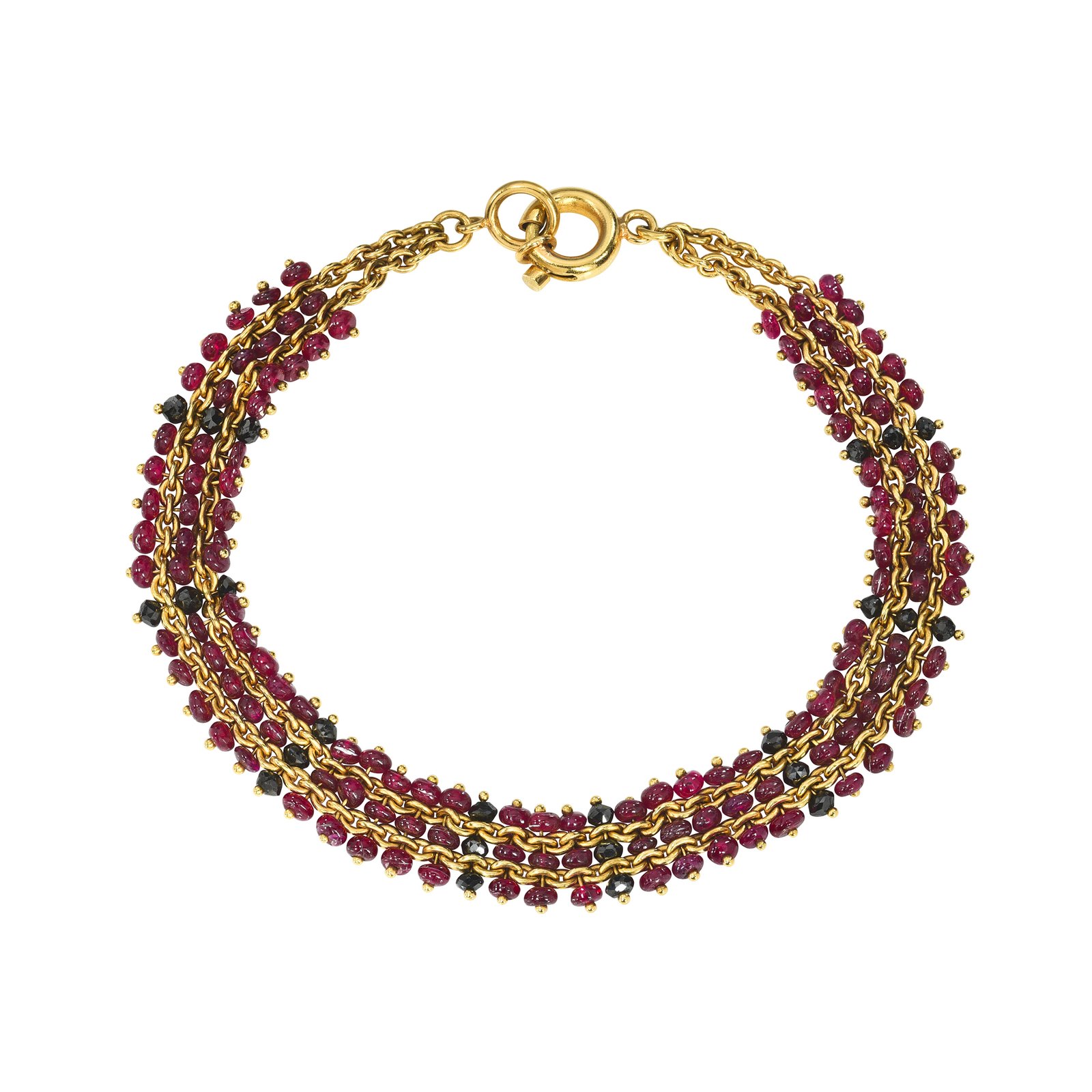 22K Gold 3 Row Braided Ruby & Black Diamond Beads Bracelet