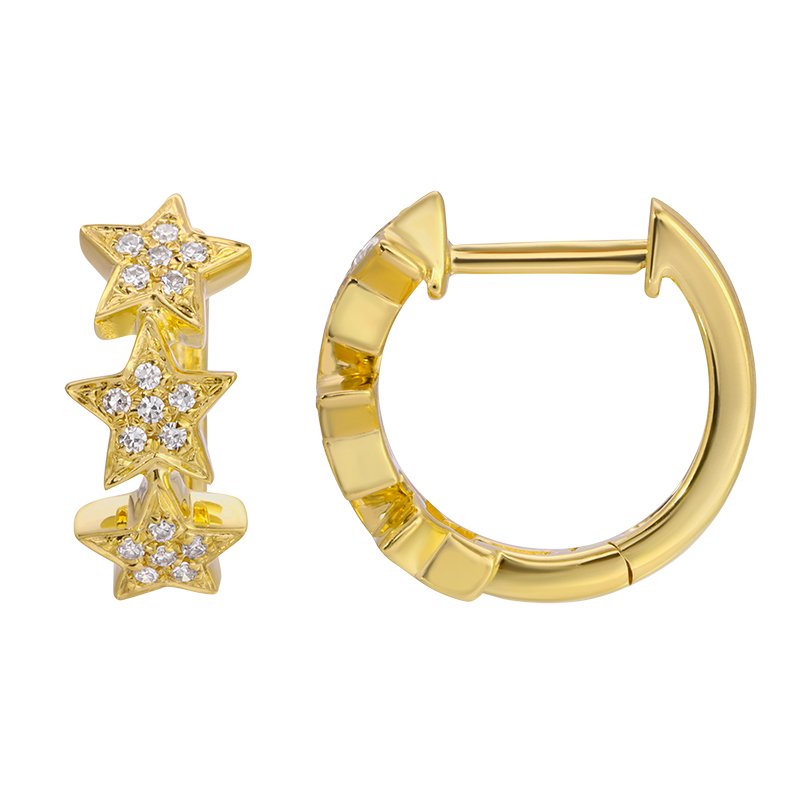 14k Yellow Gold Diamond Stars Huggie Earrings