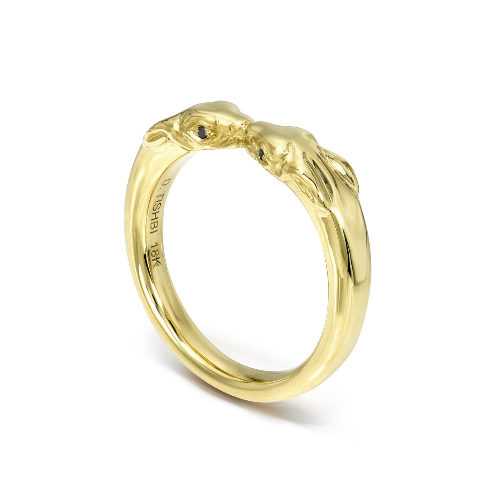 18K Yellow Gold Kissing Rabbits Black Diamond Eyes Ring