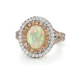 Platinum Oval Opal Pave Diamond & Orange Sapphire Cocktail Ring